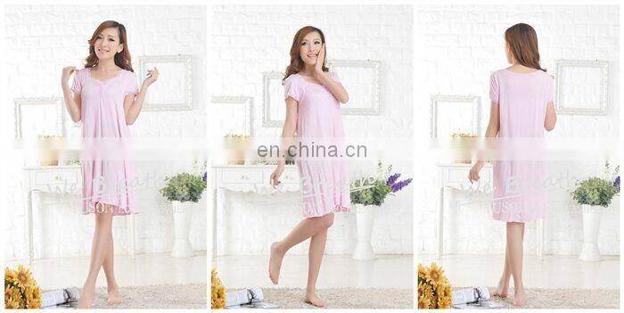 Lace trim square neck short sleeves bamboo sleep gown solid colors