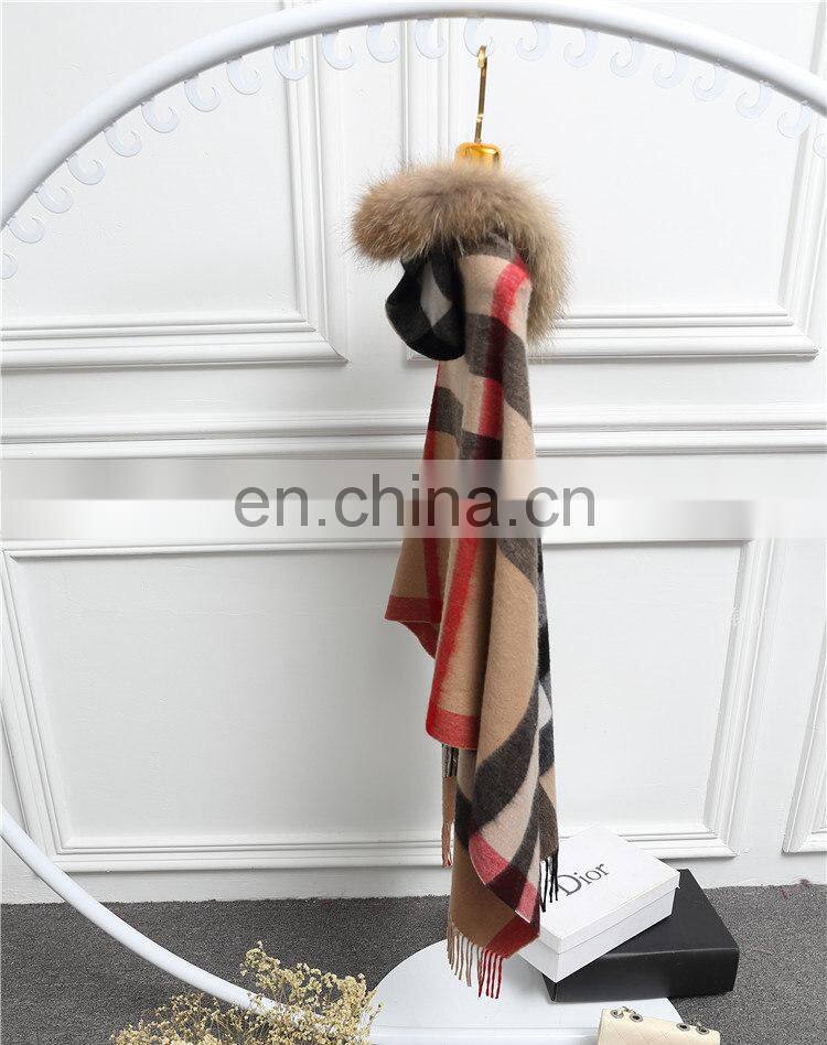 Fashion Women Real Raccoon Fur Hood Shawl Wool Cashmere Scarves Shawls
