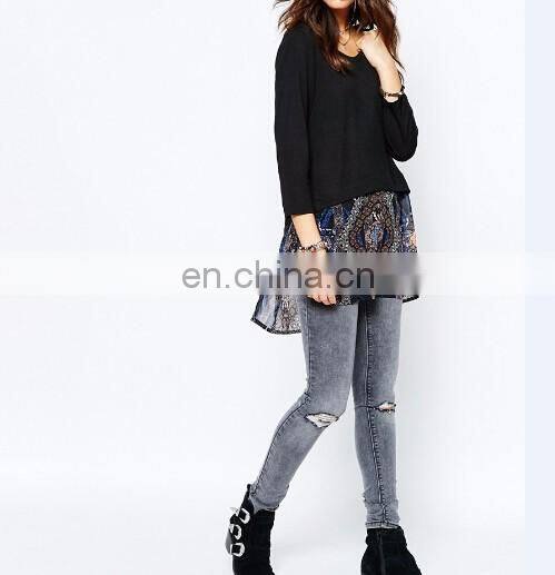 2016 Latest fashion woman blouse in twinset design with printed chiffon hem
