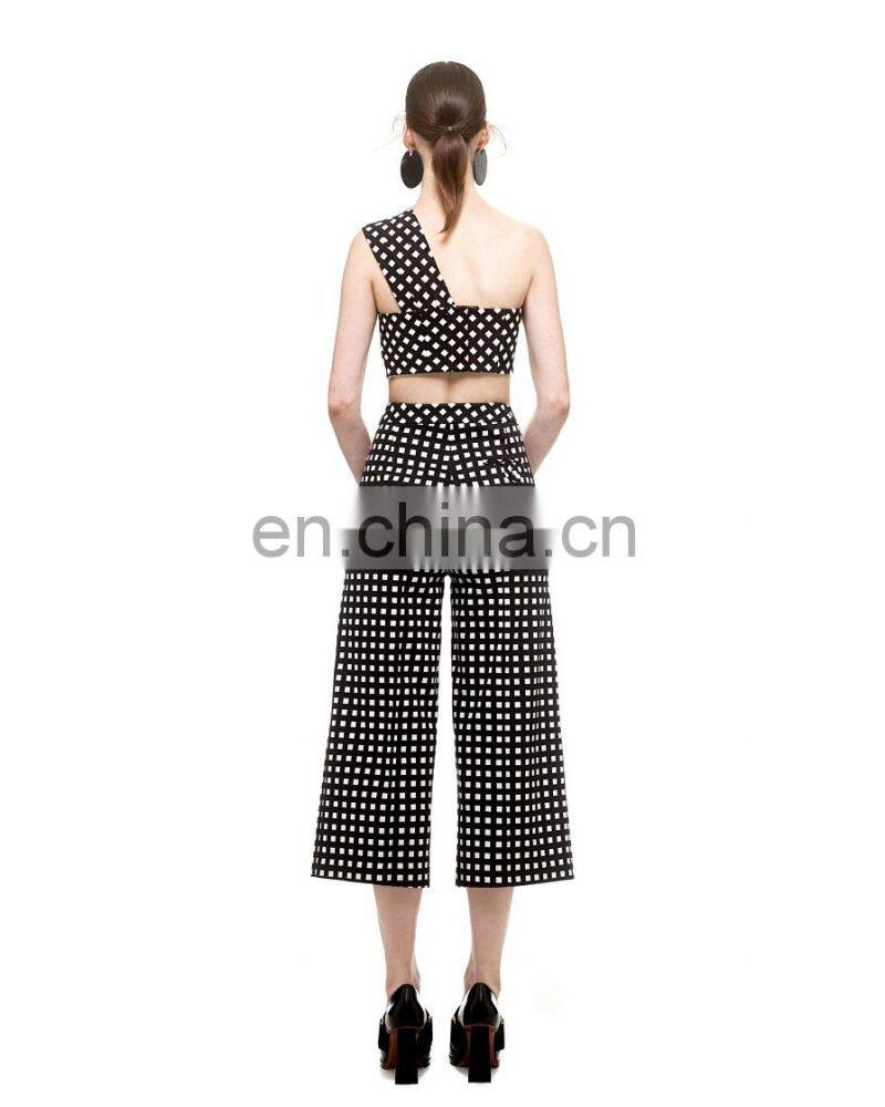 2015 new fashion women irregular elegant check patern two piece set