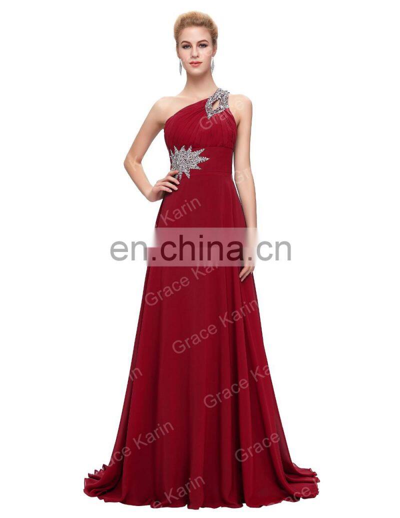 Grace Karin Fashion Beaded One Shoulder Dark Red Chiffon Prom Dress Long CL2949-7