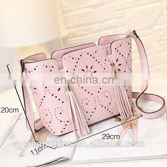 CR high reputation manufacture handbags latest model tassel bag long strap hollow pattern shoulder bag handmade leather bags