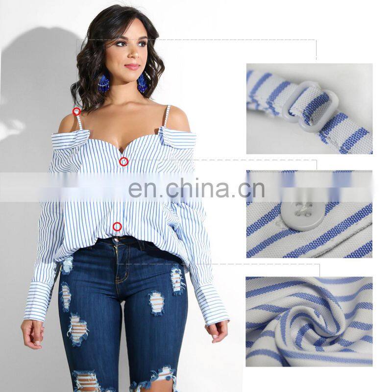 Wholesale custom women sexy through the shoulder strap button-down Stripe casual pleasure long-sleeved shirt women casual home w