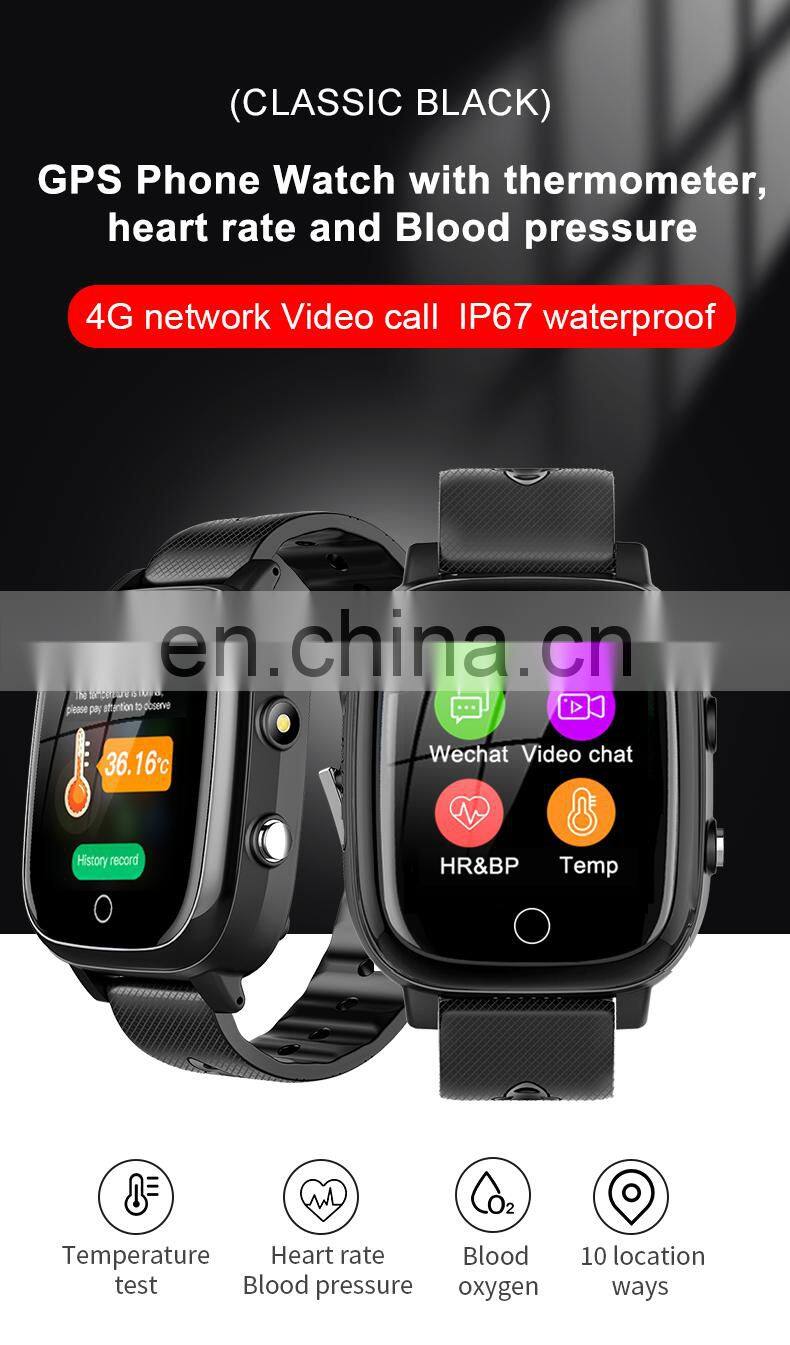 Black leather 4G multi language IPS screen heart rate oxygen monitor SIM card smart watch for senior