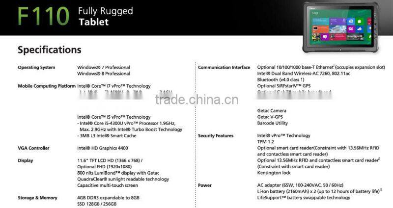 Made in Taiwan Getac F110 Rugged tablet pc with win 7 and win 8 Operating system