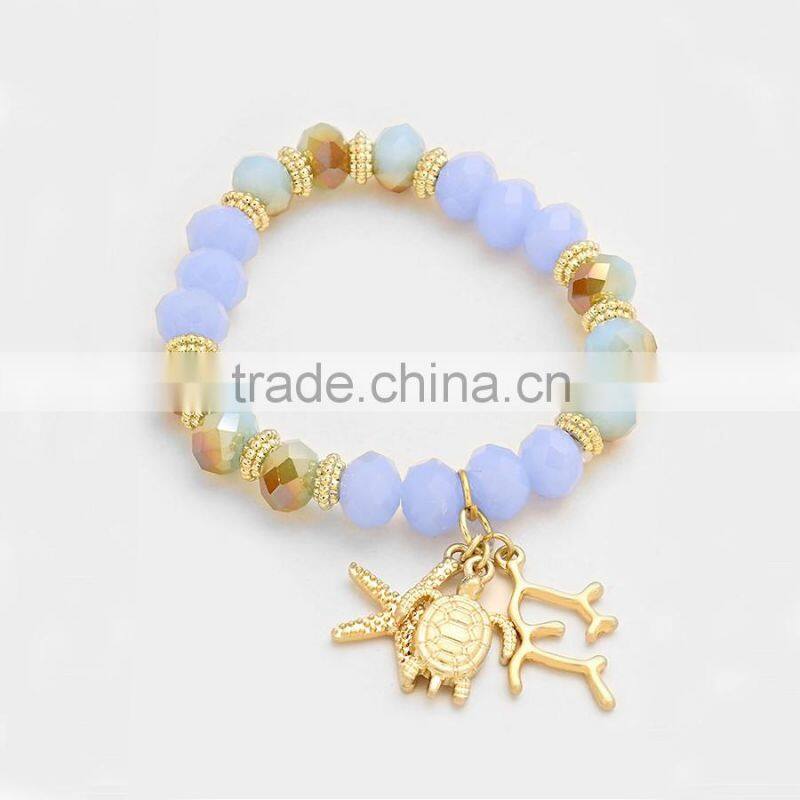 Metal Starfish and Turtle Charm Beaded Stretch Bracelet Sea Life Jewelry