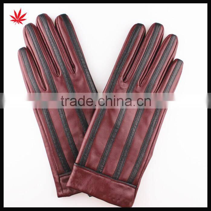 Ladies high quality fashion stripe sheepskin wine red leather gloves