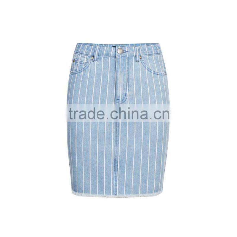 Fashion classic stretch elegant blue vertical stripes midi denim pencil skirt for lady