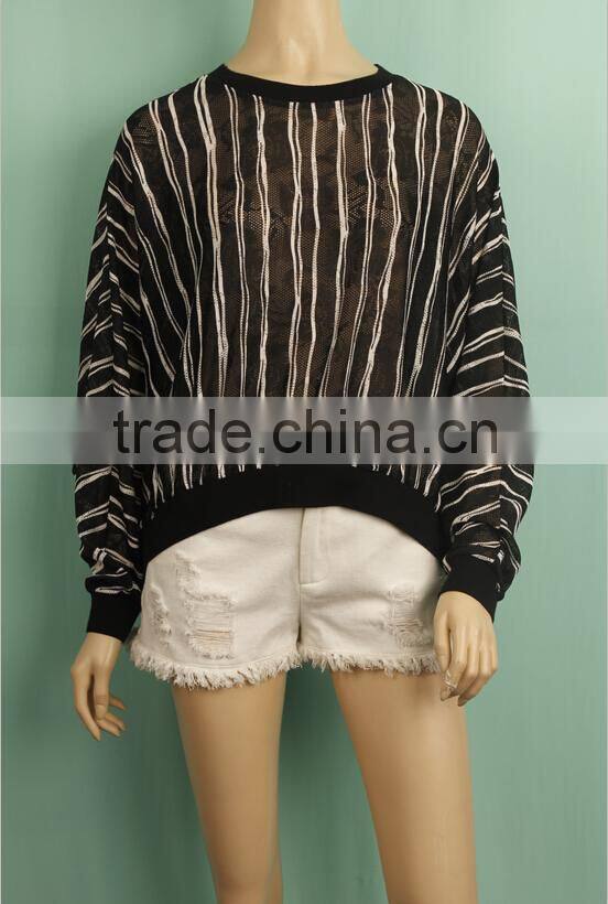2016 White black stripe fat women plus size long sleeve loose knitted blouse