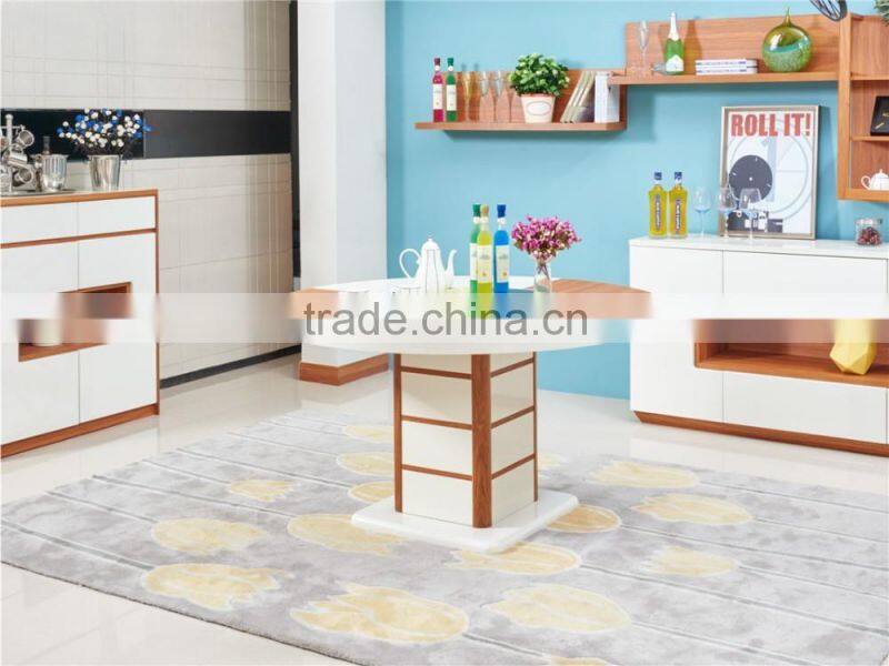 Modern wooden high glossy white and teak color round functional dining table and dining chair in dining room sets