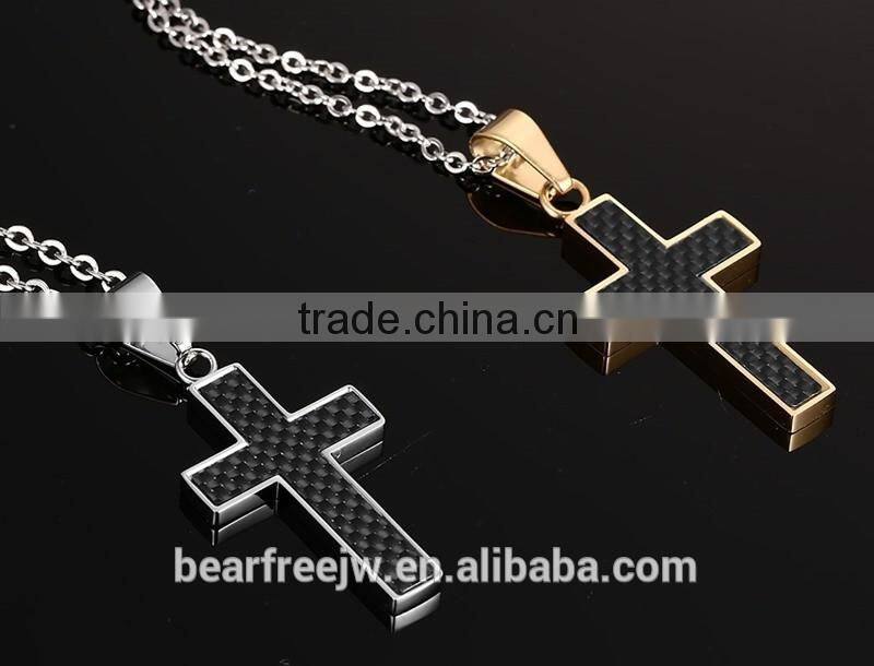 Stainless Steel Carbon Fiber Cross Pendant Necklace High Polished with Free Chain Silver Gold