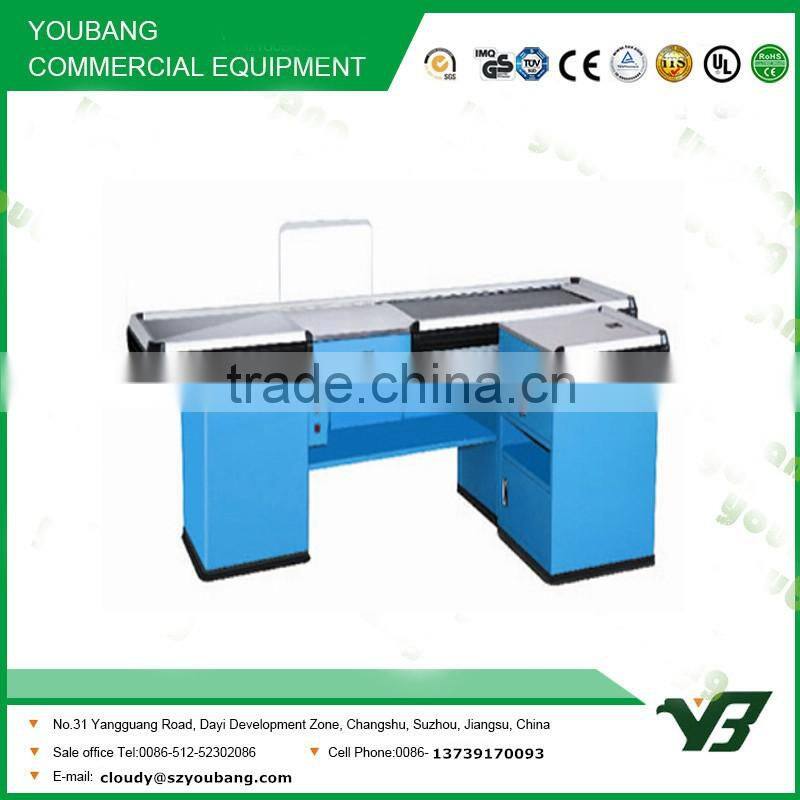 Hot sell good cheap blue color supermarket checkout counter with conveyor belt (YB-H08)