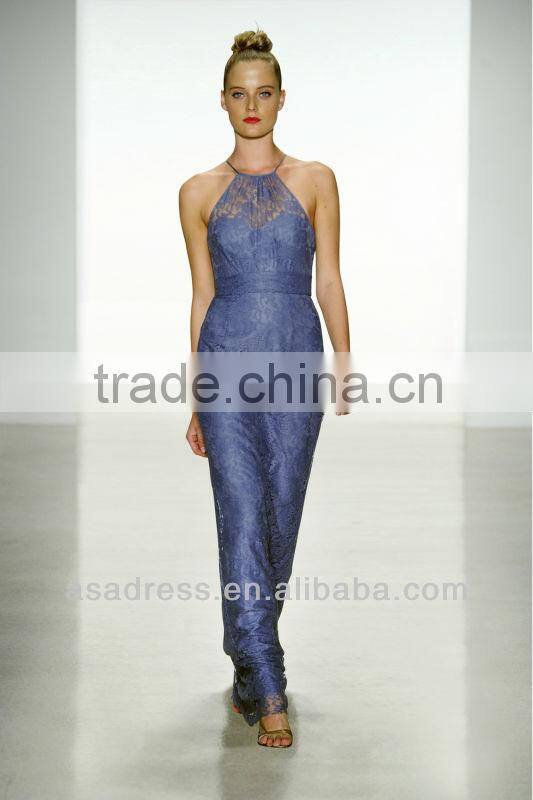 2014 New Style Halter Neckline Skirt and Lace Appliqued All Overly Turquoise Bridesmaid Dress (BDAM-4010)