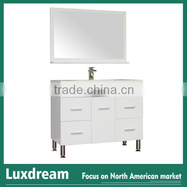 Pure white wooden bathroom vanity with stainless steel legs