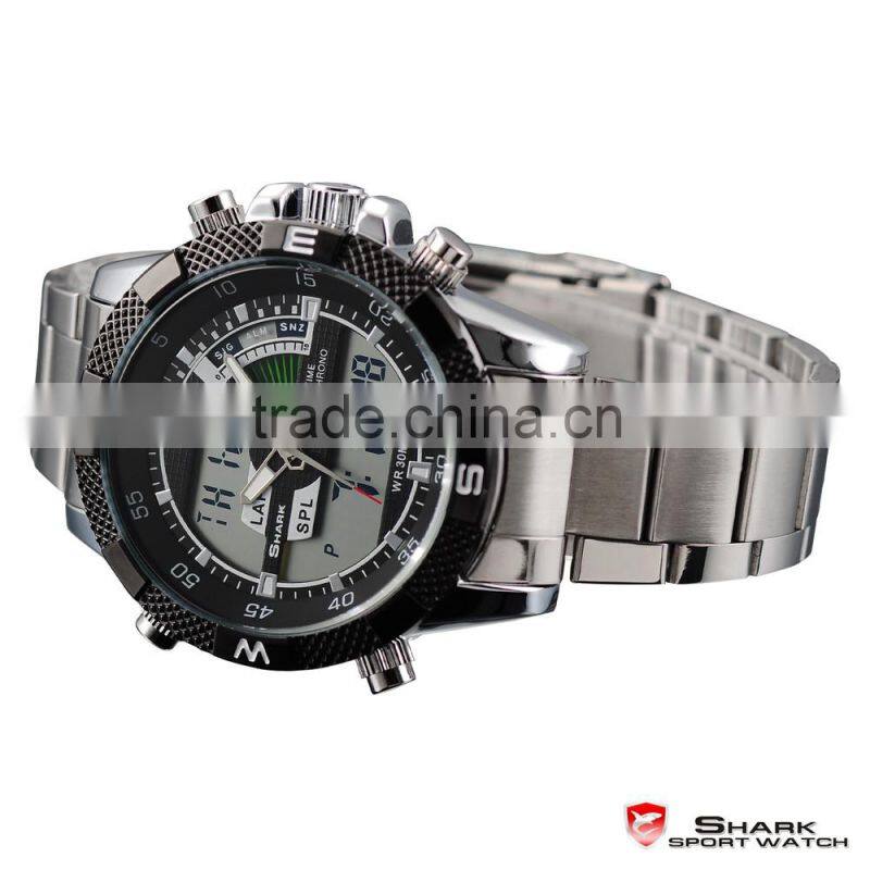 Mens Shark Digital LCD Outdoors Analog Quartz Sport Steel Wrist Watch