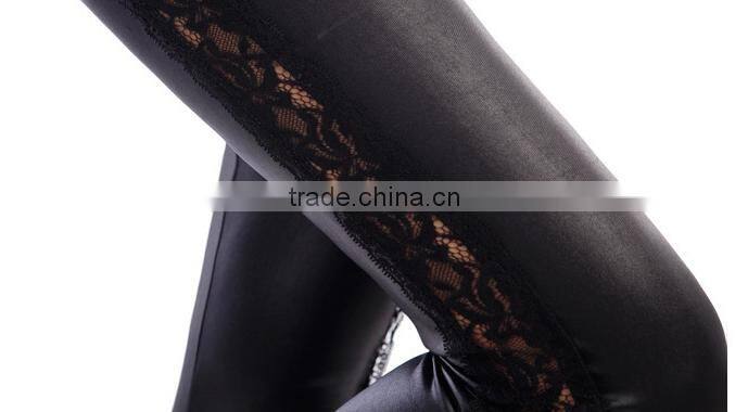 2014 New Hot Sexy Girls Black Faux Leather Leggings With Lace Design Good Breathable Leggings For Women