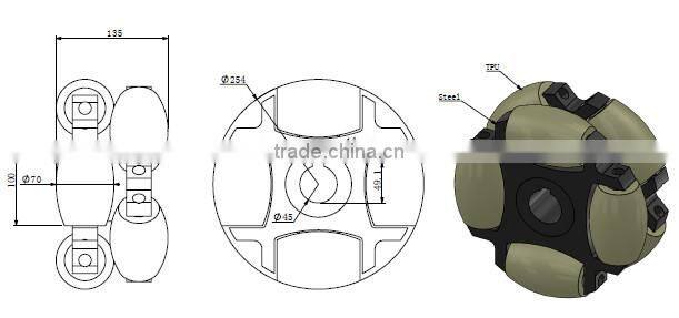 254mm Heavy Duty Industrial omni directional wheel with Pu Roller (professional custom,payload:500KG/pcs )