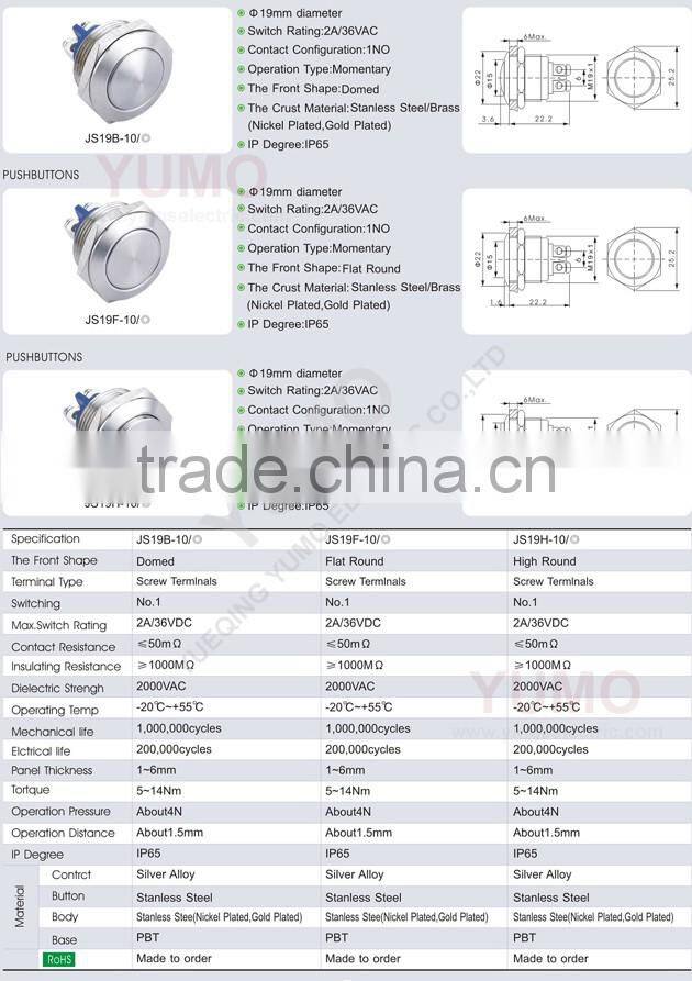 Hot sale JS19B ROHS 19mm domed IP65 momentary pin terminal 2A/36VDC push button switch waterproof push button