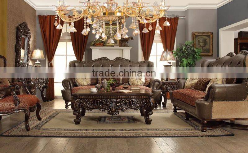 2017 Fancy Top Grain Genuine Leather Living Room Furniture Sofa Set/Spanish Style Hand Carved Living Room Sofa (MOQ=1 Set)
