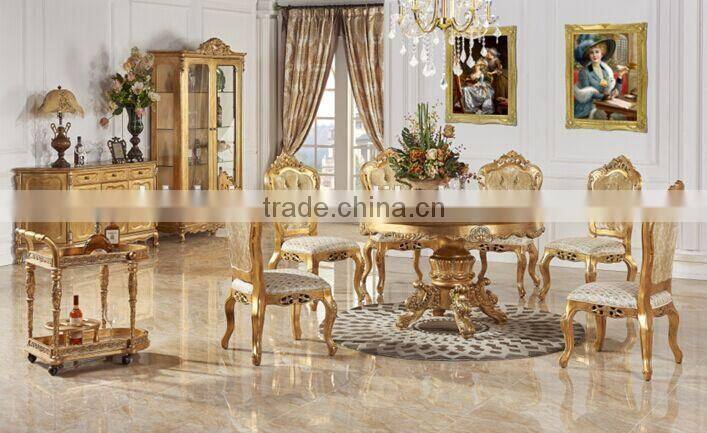 Exquisite Carved Wooden Dinning Room Furniture, Round Dinning Table For Six People, Gold Painting Furniture Dinning Room Set