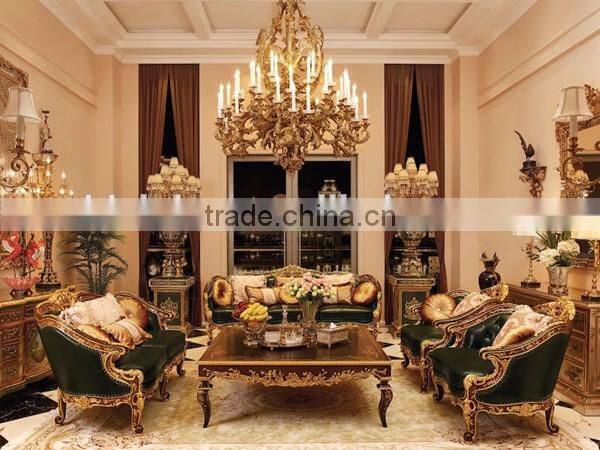 Vintage Wood Carved European Sofa, Hand Painting Wooden Living Room Sofa Set, Button Tufted Chesterfield Genuine Leather Sofa