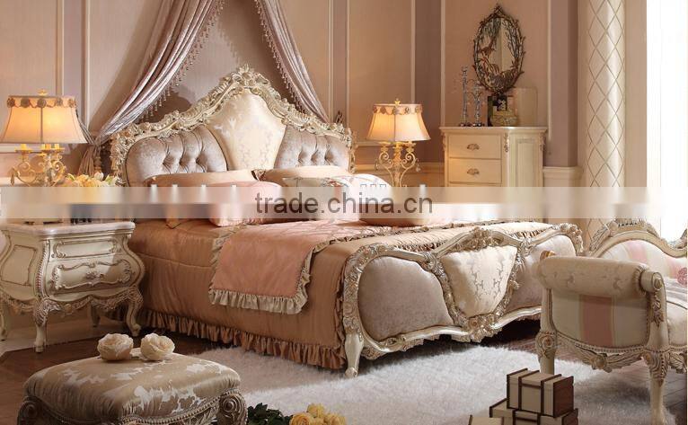 French new classical home furniture solid wood floral carving matching bed bench