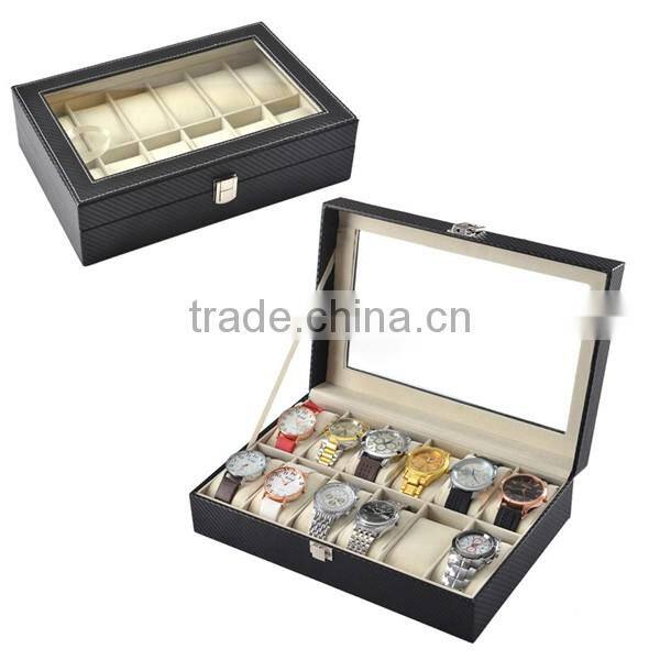 2017 Hot Selling 12 Slot PU Carbon Fiber Pattern Packing Box For Watch, Exquisite Display Boxs For Watch