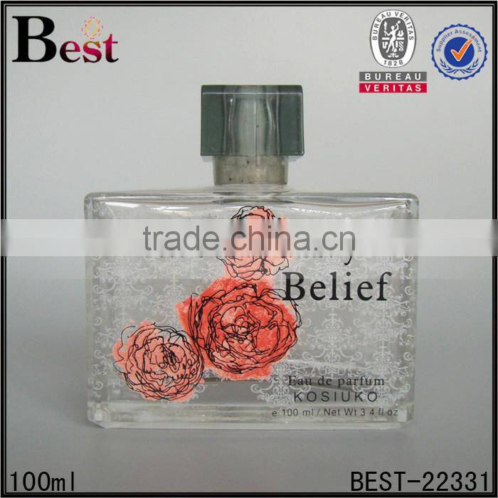 2017 cosmetic perfume bottle 100ml glass square perfume bottle 100ml glass clear perfume bottle 100ml glass with decals