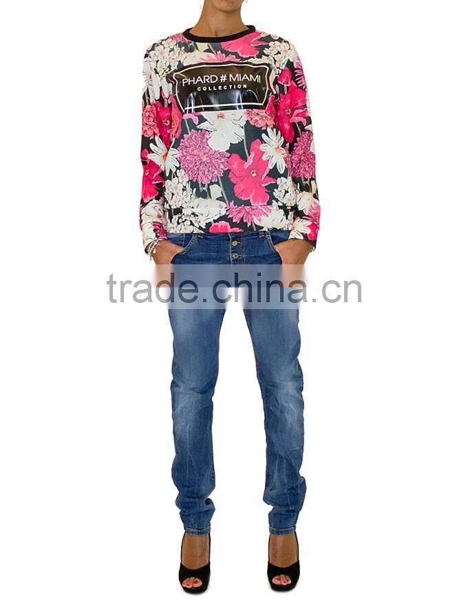 2015 New Fashion Round Neck Floral printed Long Sleeve Polo Womens T-shirt Wholesale