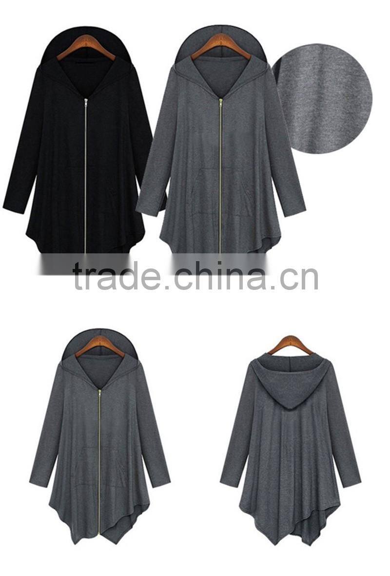Cotton Trench Coat Women Autumn Winter Hoodied Overcoat Female Zipper irregularity Cardigans Grey Black Color Plus Size