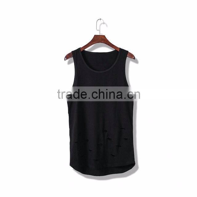 Women Black Plus size Round Hem Tear Holes Tops Longline Tank Top