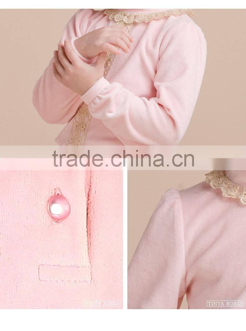 High Neck Girls Velvet t Shirt With Lace Children Clothing Pullover Long Sleeve t Shirt