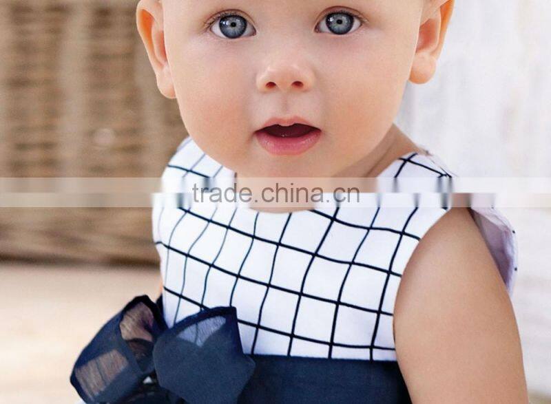 Blue Check Pattern Bowknot Sleeveless Baby Casual Girls Dress