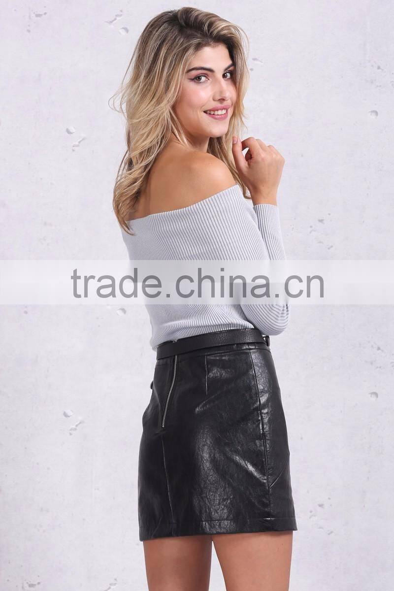 off shoulder elastic spring sweater women Short gray lapel pullover sexy white jumpers Autumn knitwear top