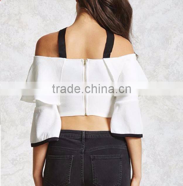 flare sleeve high waist crop top off shoulder self-tie front tops