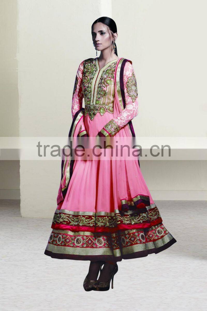 Yellow color on brown with purple color on embroidery heavy design jacket long Anarkali Designer Semi Stitch Salwar Kameez