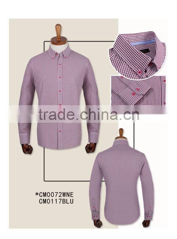 factory 100% cotton carbon peach finishing soft wine check long sleeve button up colar made to measure custom mens dress shirt