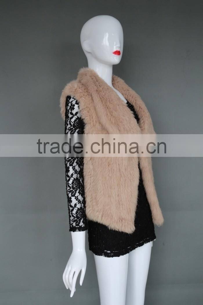 Lady pretty short rabbit fur knitted vest with square collar new style