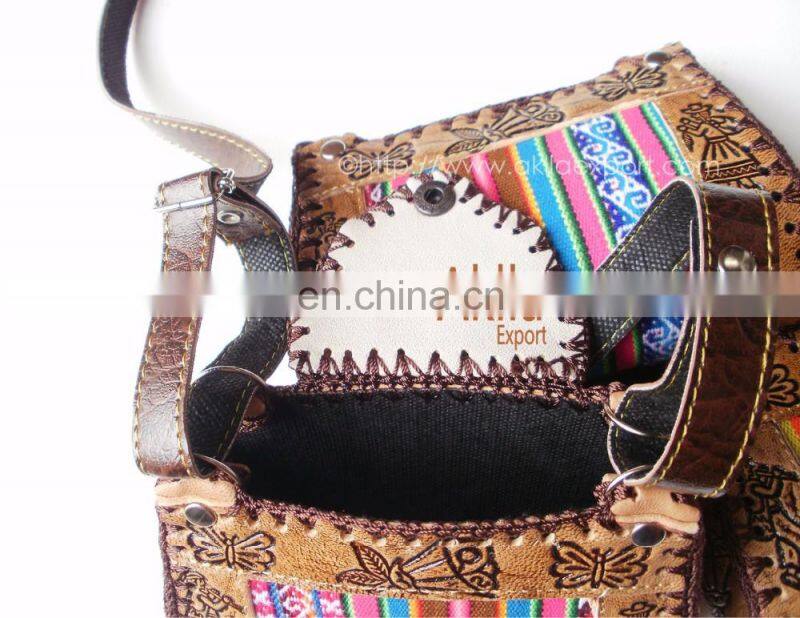 Handmade Embossed Leather Handbag with Aguayo Blanket