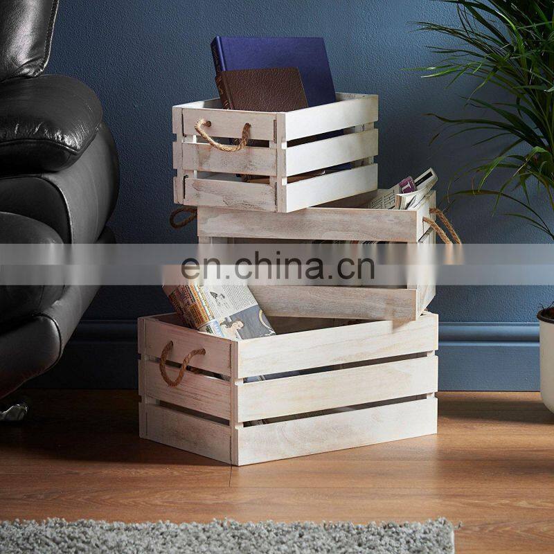 Rustic White-Washed Wooden Storage Crates with Jute Rope Handles
