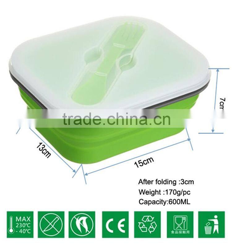 ECO-friendly silicone collapsible lunch box equipped with a fork