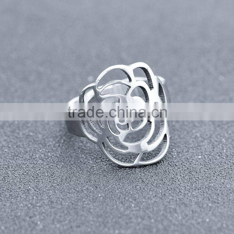 2016 Elegant Hollow Camellia Stainless Steel Fashion Ring