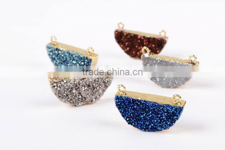Titanium druzy half moon connector-rainbow, blue, opal white, silbver, coffee, green