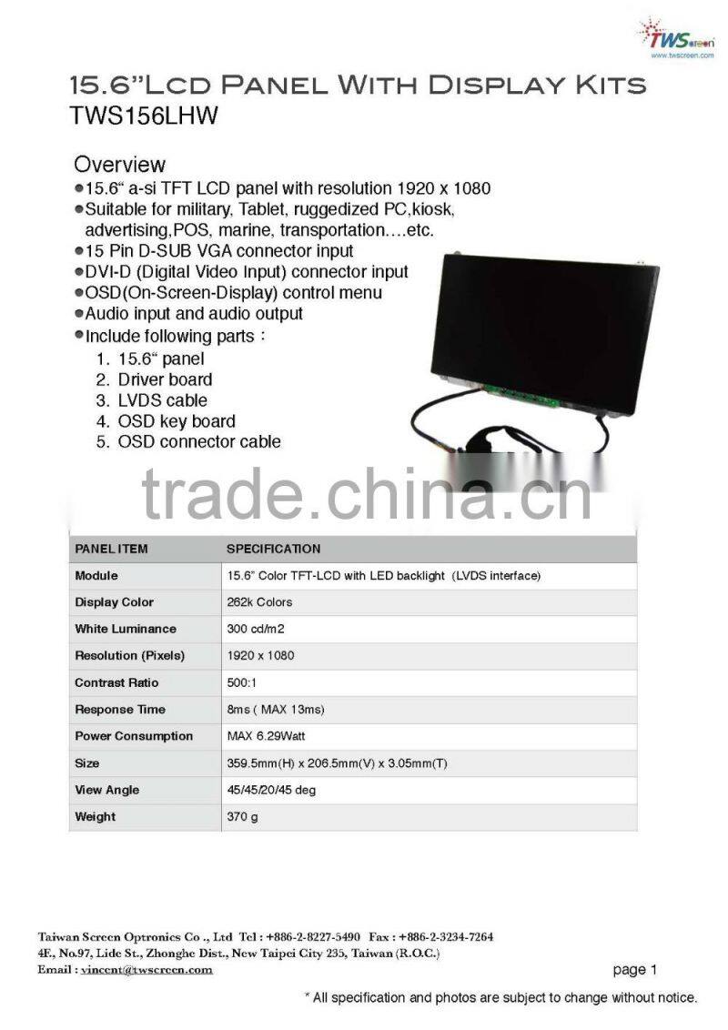 New 15.6" Tft Lcd Panel with Driver Board Kits, TWS156LHW with Contrast 500:1(Typ) for rugged PC