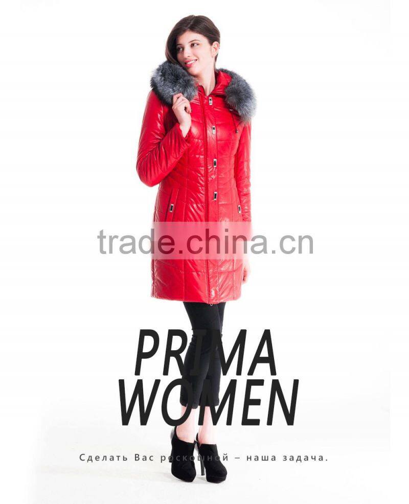 2015 Winter Women Medium Length Slim Fit Coat With Brown Fox Hat Overcoat