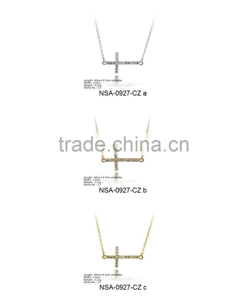 NSA-0927-CZ Silver Necklace 925 Sterling Necklace with CZ Stones Sideway Cross Necklace