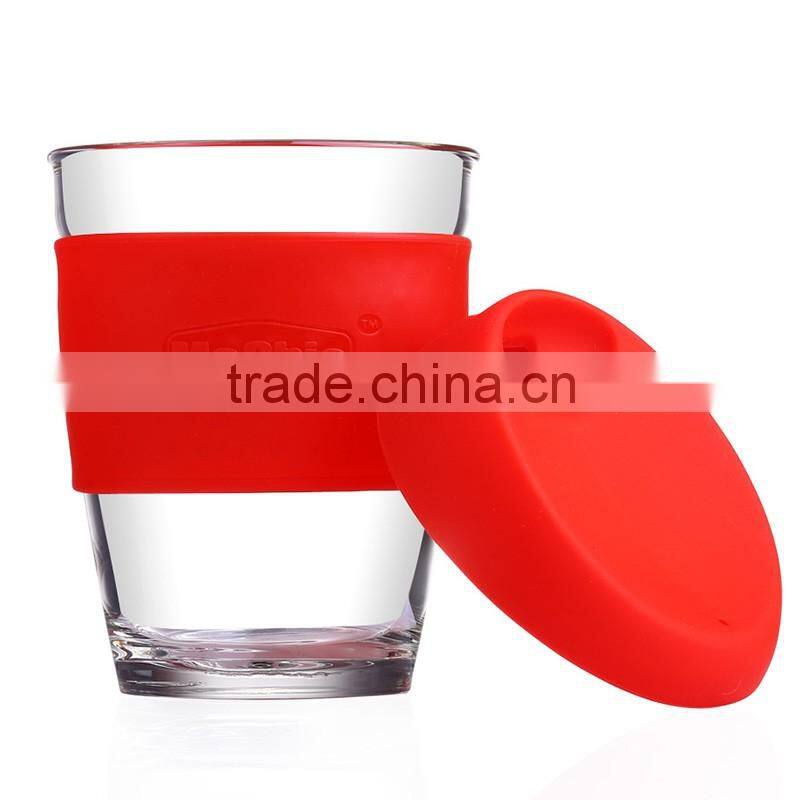 Mochic HOT 12OZ BPA free plastic tritan coffee cup with Silicon sleeve and lid / customized new design stackable plastic mug