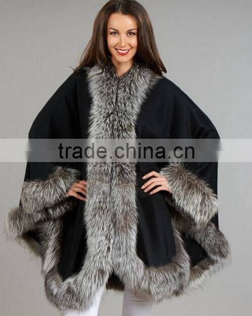 Original Design Long Pushmina Poncho With Silver Fox Fur Trim Ladies Fur Cashmere Shawl/Cape