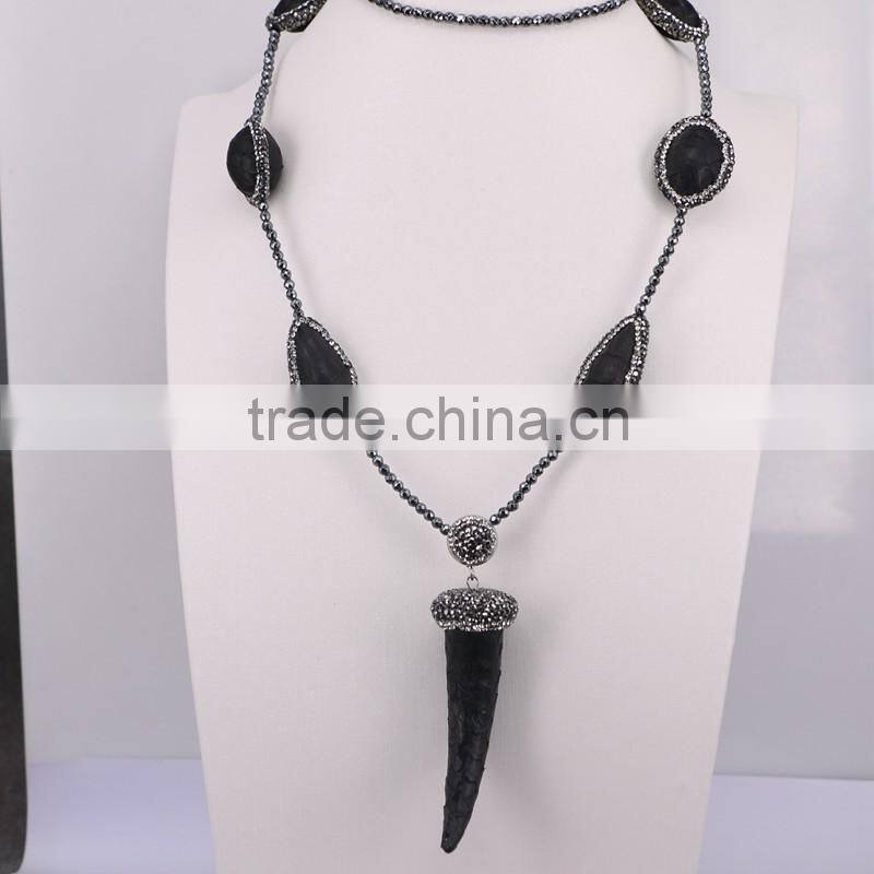 Charm Pearl Gemstone Beads Tassel Necklace, with 3mm Mini Black Hematite Beads Necklace,