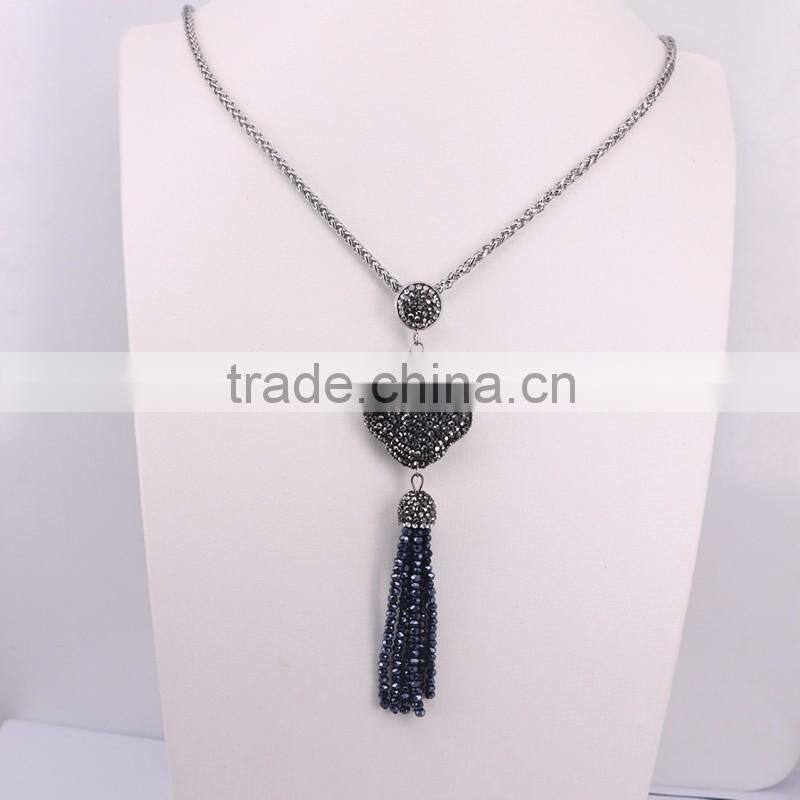 Oval/Evil Eye Pendant Necklace, Gem stone Druzy Pendant, With Crystal Paved Crystal Tassel Jewelry, Stone Chain Necklace